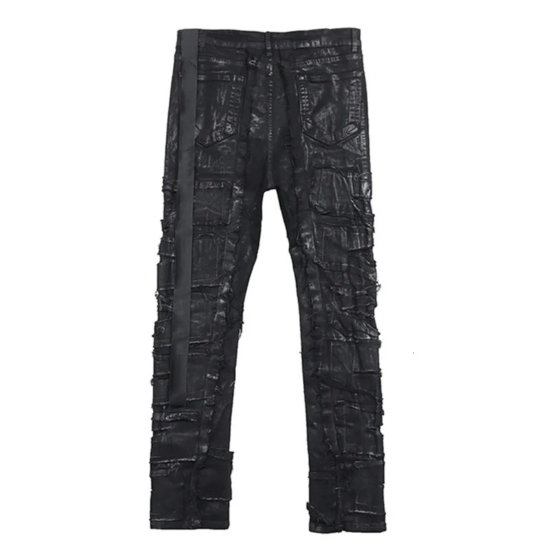 Dark Coating Wax Brushing Erosion Hole Jeans Men Ripped Casual Denim Pants Street Hip Hop Black Trousers 241010