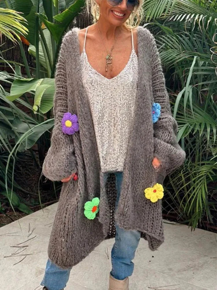 Fashion Stripe Long Cardigan Sweater Women Lantern Long Sleeve Loose Oversize Knitted Coat Autumn Lady Chic Streetwear Overcoat 241009