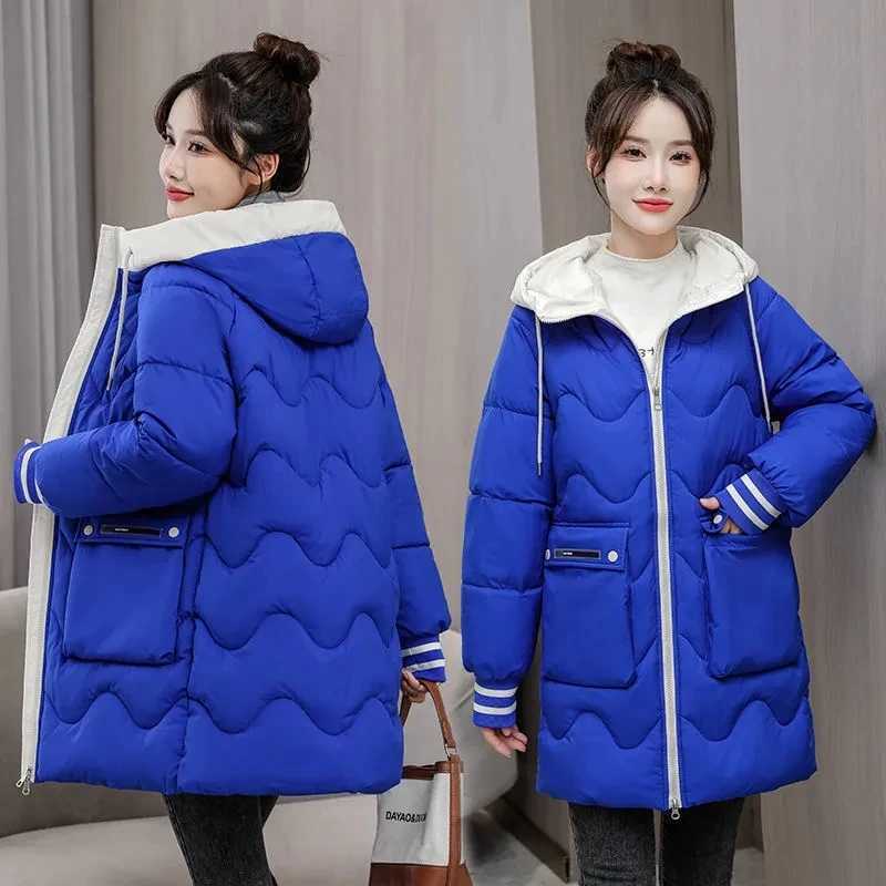 Winter Thicken Coat 2023 New Korean Female Splicing Loose Down Cotton Hooded Jacket Warm Long Parkas Casual Womens Basic CoatsX241019