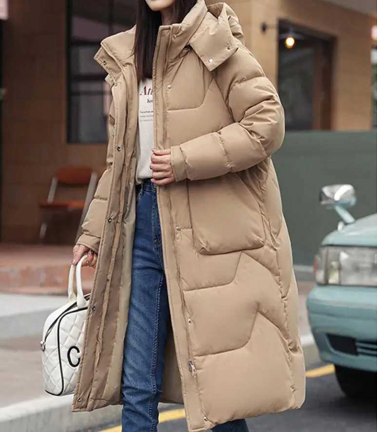 New Winter Fashion Long Sleeve Stand Up Collar Zipper Solid Color Slim Fit Thick Long Version Detachable Hooded Down Jacket ForX241019