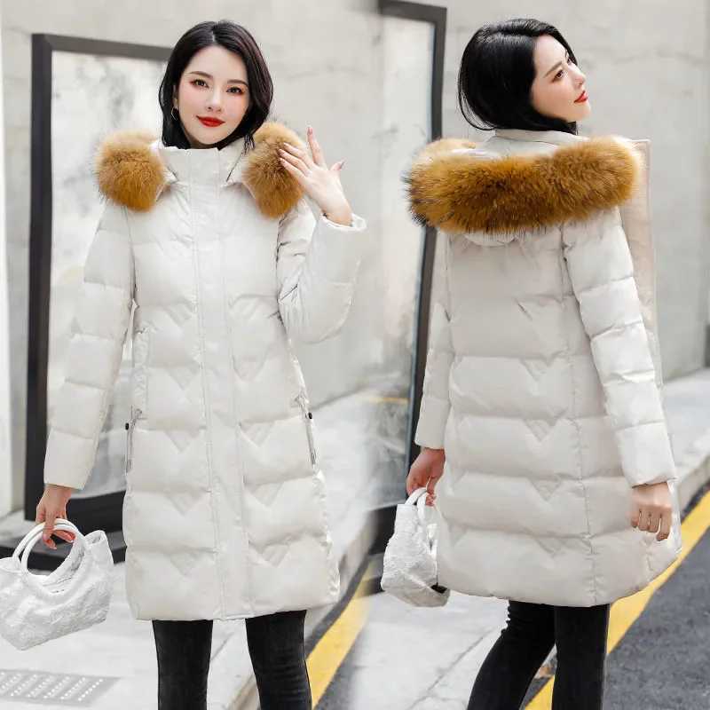 Parkas Women 2024 Winter New Fashion Slim White Duck Down Coat Female Thick Fur Collar Hooded Warm Large Size Long Down JacketX241019