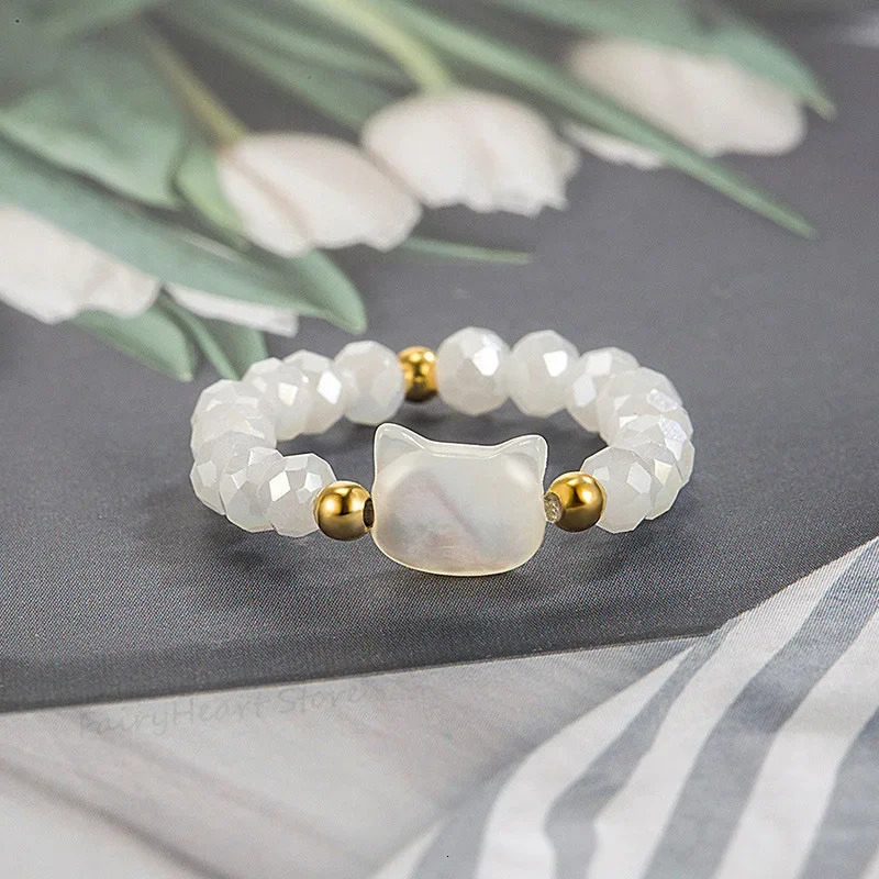 Fashion Natural Moonstone Obsidian Rings Minimalist Handmade Cute Black White Cat Bead Ring Women Party Accessories Jewelry Gift 241010