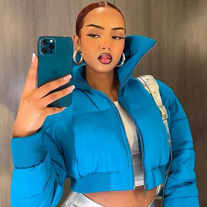 Women's Down Parkas Fashion Women Stand Collar Crop Puffer Jacket Zipper Blue Bubble Coats Parka Down High Waist Slim Cotton Short Puff Jacket Pa