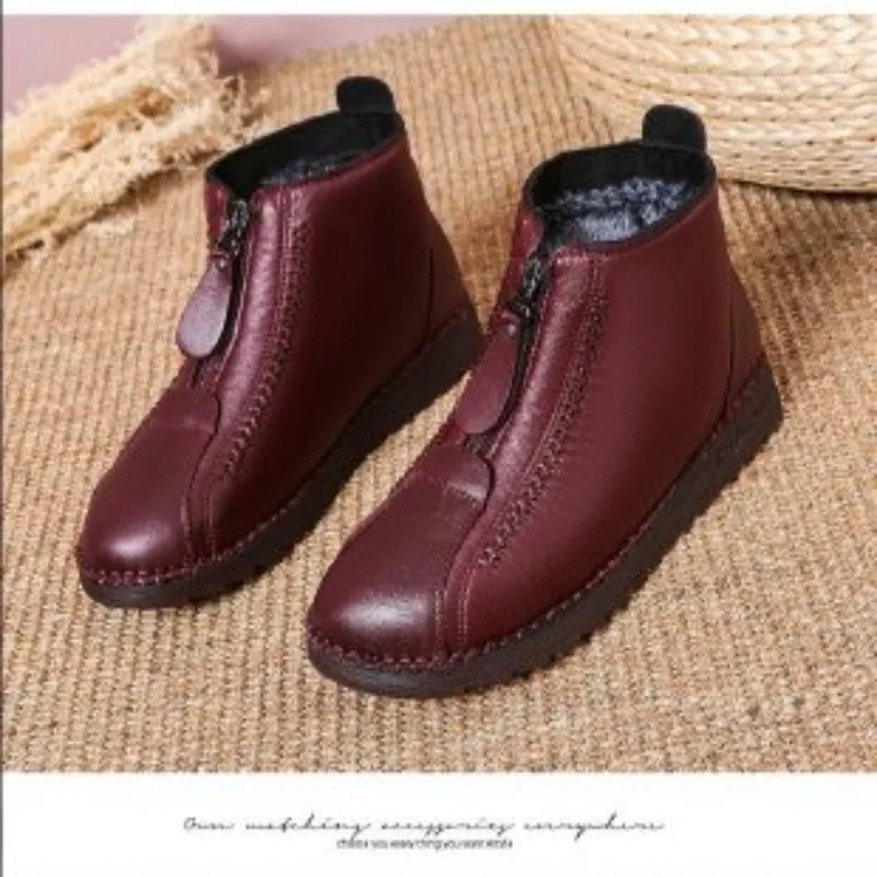 2024 Winter Womens Ankle Boots Fashion Warm Mom Boots Flat Bottom Comfortable Non slip Front Zipper Closed Womens Shoes 241018