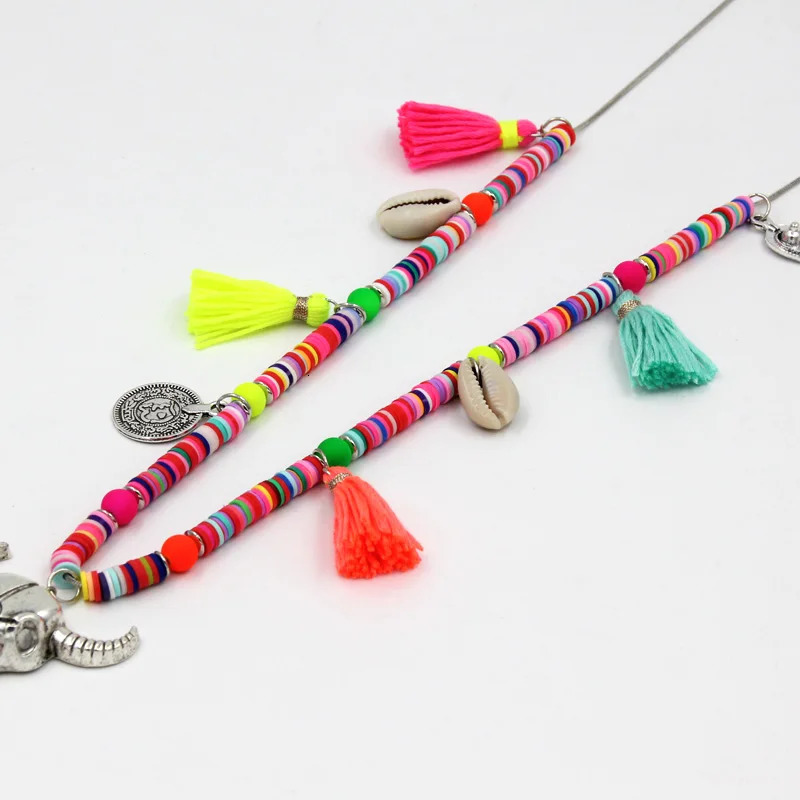 Womens statement necklace polymer clay chain alloy cow head tassel pendant necklace Bohemian jewelry womens sweater chain 241018