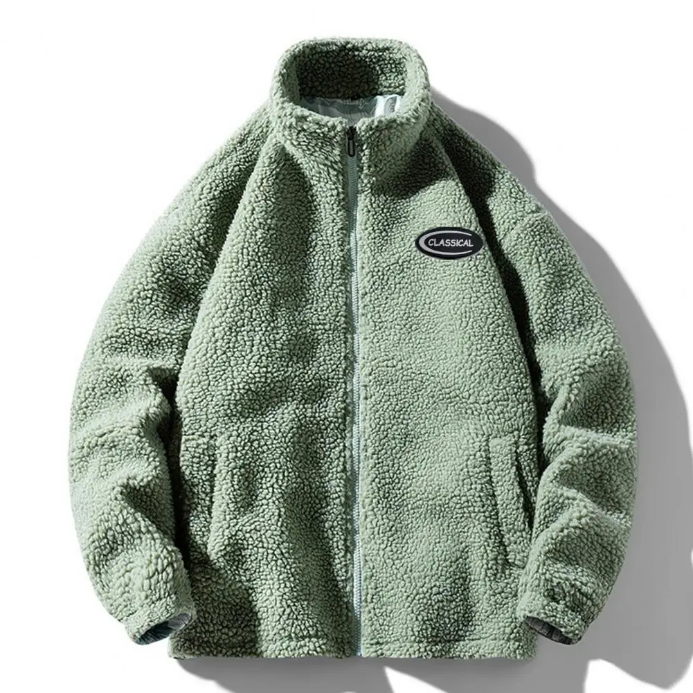 Mens thick jacket thick and warm mens artificial Sherpa jacket rack collar zipper pocket casual and loose suitable for keeping warm in autumn and wint