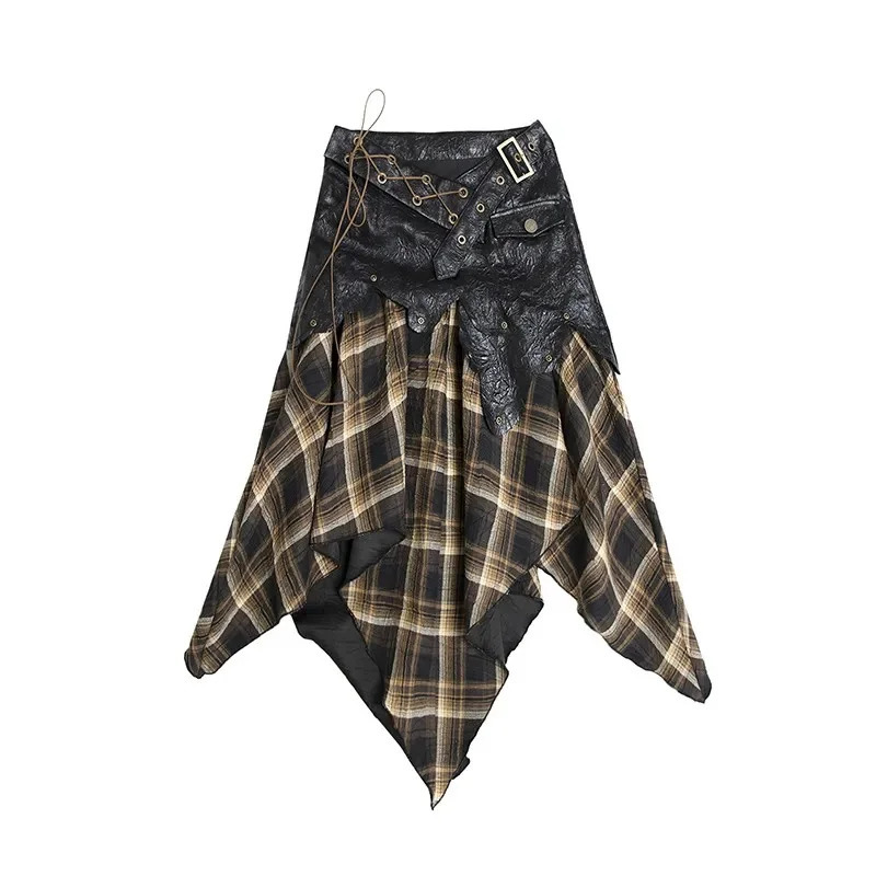 Irregular Patchwork Grunge Y2k Skirts High Waist Vintage Plaid Belt Decor Punk Midi Gothic Aline Skirt For Women 241019