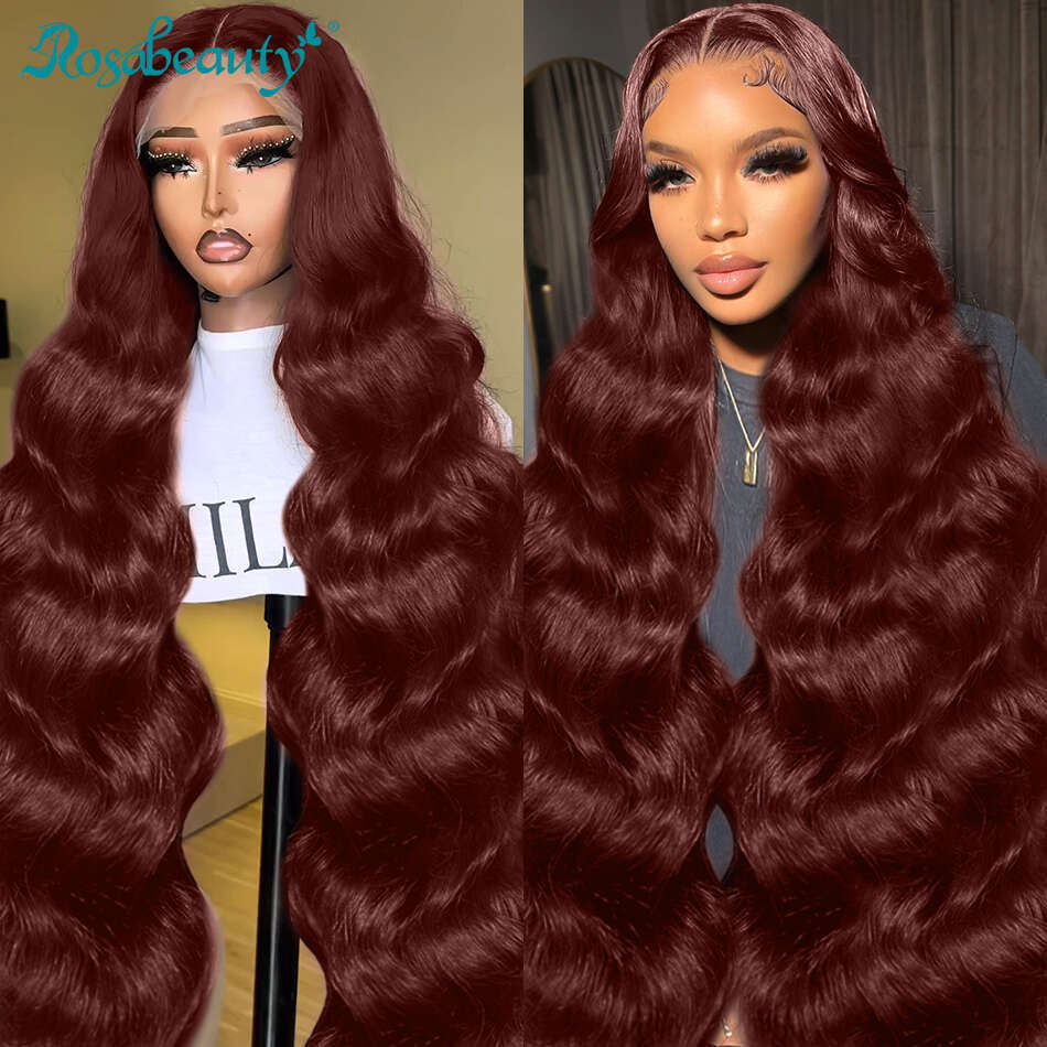 Rosabeauty 250% Density Reddish Brown Body Front Human Hair Wigs Brazilian 30 Inch Water Wave 13x6 HD Lace Frontal Wig