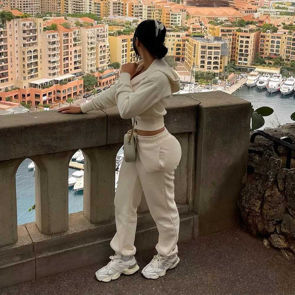 Women's Two Piece Pants Sexy crop jacket two-piece pants set runner womens winter track and field outfit elegant clothing hoodie 2-piece pants se