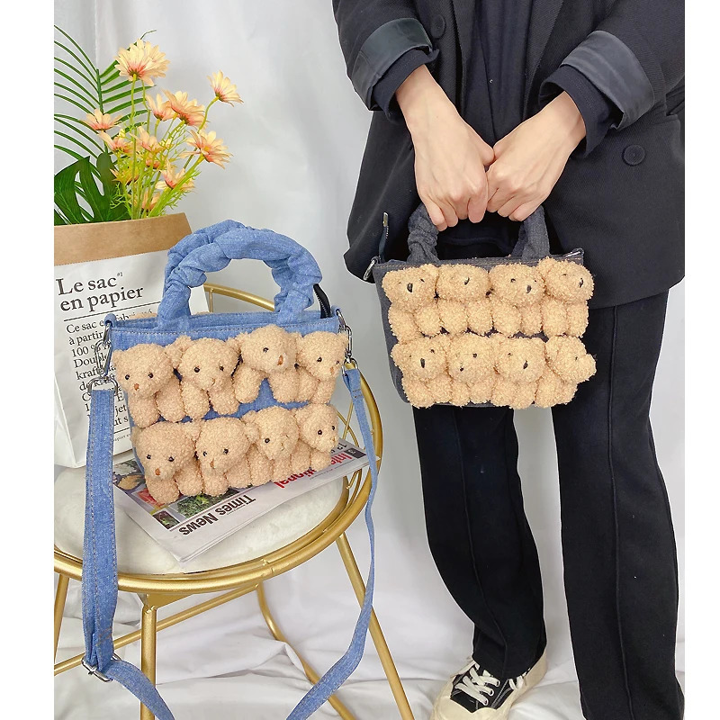 Fashionable womens denim bucket cartoon toy decoration handbag and wallet womens cute doll shoulder bag cross body bag 241018 ww