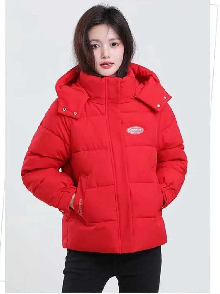 Women Korean Thick Warm Down Cotton Puffer Jacket Long Sleeve Hooded Parka Winter Coat Pockets Solid Plus Size Loose OvercoatX2410