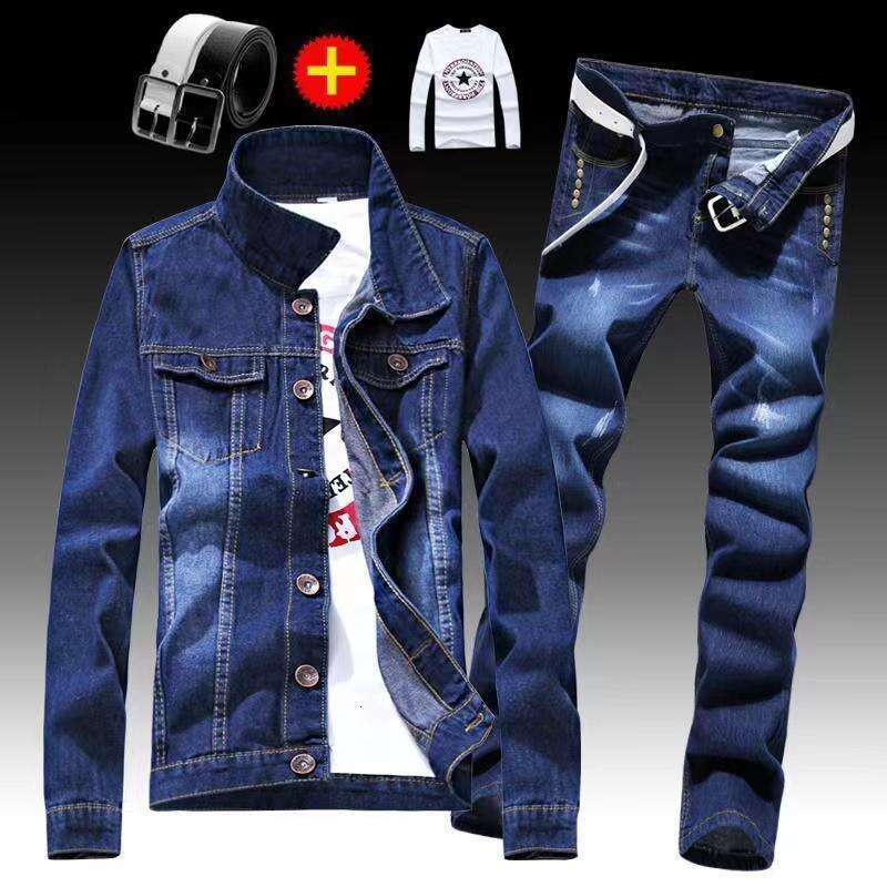 Spring Autumn Mens Denim Jacket + Jeans Pants Set Fashion Letters Printed Coat Trousers Two Piece Denim suit