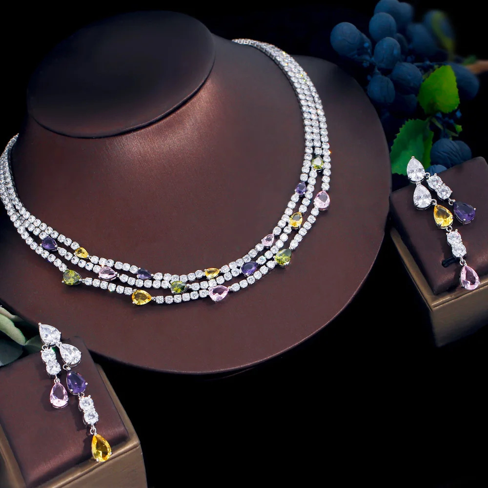 Three layers of shiny colored cubic zirconia three rows of multi-layer bridal wedding necklace earrings jewelry set for women TZ784 241018