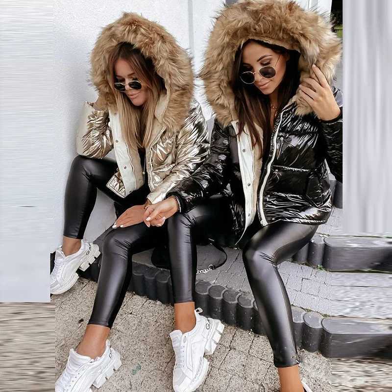 Women's Down Parkas Womens solid shiny PU jacket 2023 winter fashion big fur collar hooded cotton coat womens casual thick warm zipper park Y2410