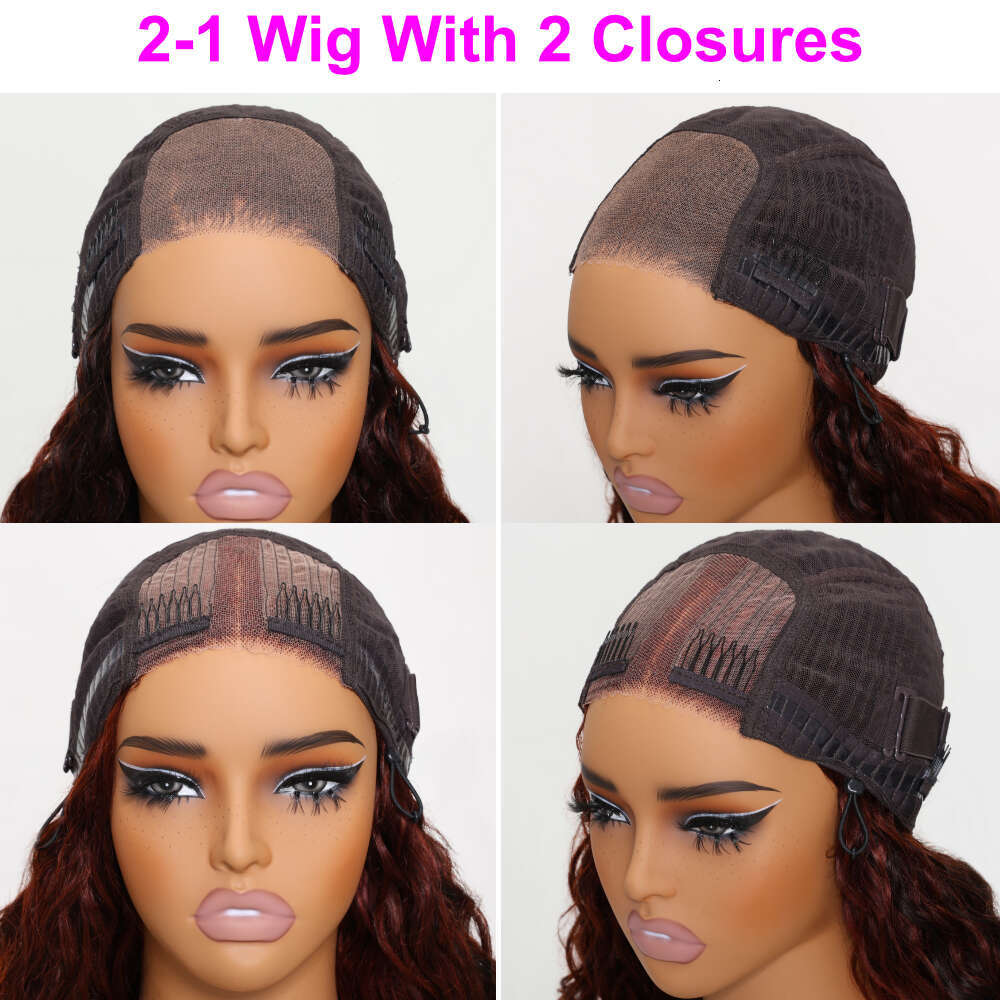 UNICE 2-in-1 With 2 Closures Water Wave 4x4 Glueless Human Hair Black Cherry & Reddish Brown Double Wear Lace Wig
