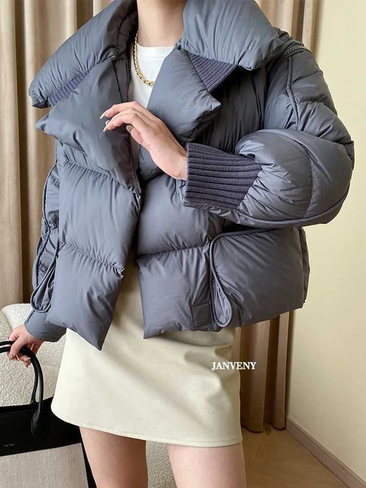 Women's Down Parkas Janveny 2024 New Winter Knitted Splicing Big Collar Magnetic Puff Bread Jacket Womens Detachable Slves Duck Short Coat Y24101