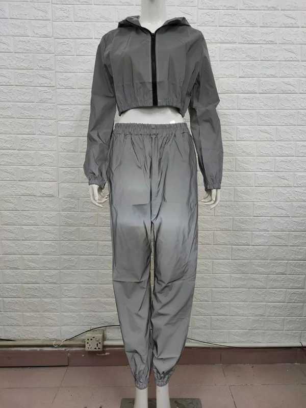 Women's Two Piece Pants Womens Reflective Set Loose Sports Wear Long Sleve Sports Shirt Reflective Hoodie Jacet Trouser Running Pants Casual Set 