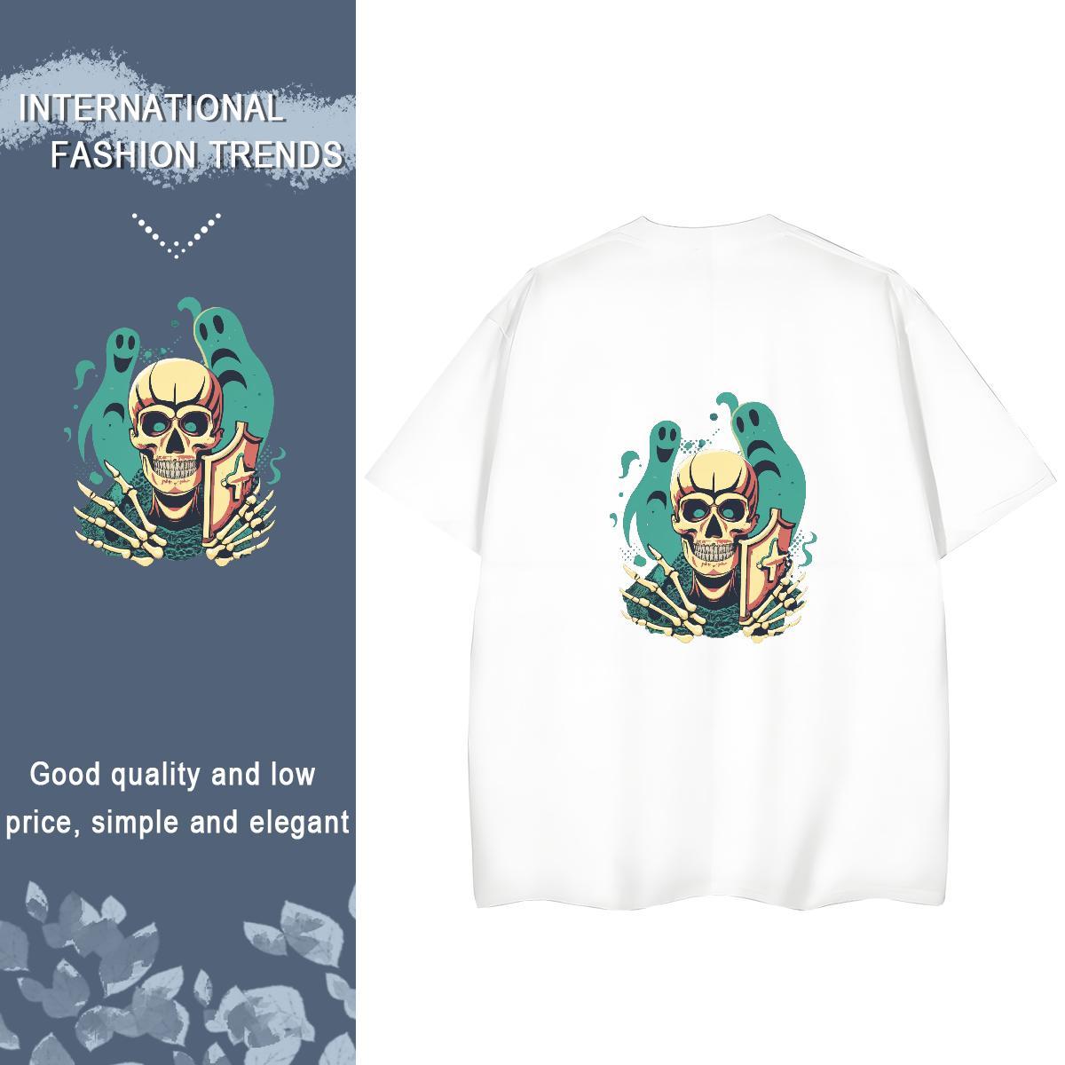 Fashion Women T Shirts 230g Pure Cotton Breathable Crew Neck Street Wear skull Women Tshirts Unisex Black Oversized Top Shirts