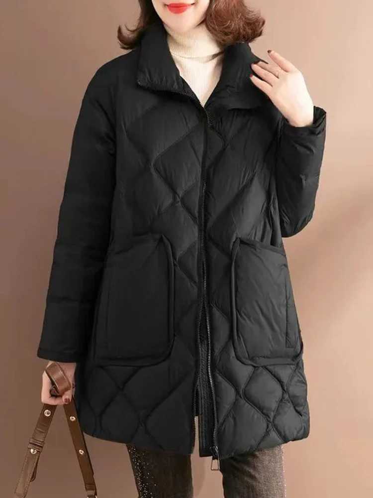 Oversized Lightweight Down Cotton Coats Winter Loose Mid-length Casual Basic Jaqueta Tops Korea Warm Classic Big Pocket JacketsX241019