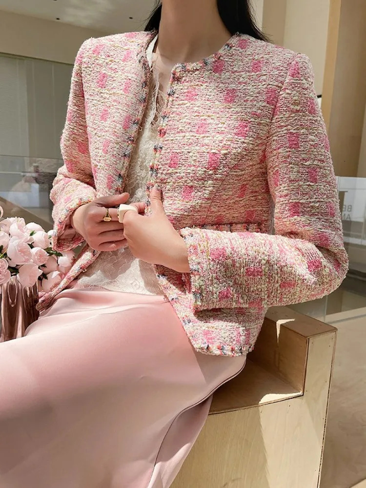 Women Pink Tweed Jacket Fashion Elegant ONeck Spring Autumn Short Coat Long Sleeve Slim Fit Outerwear Office Ladies Jackets 241019
