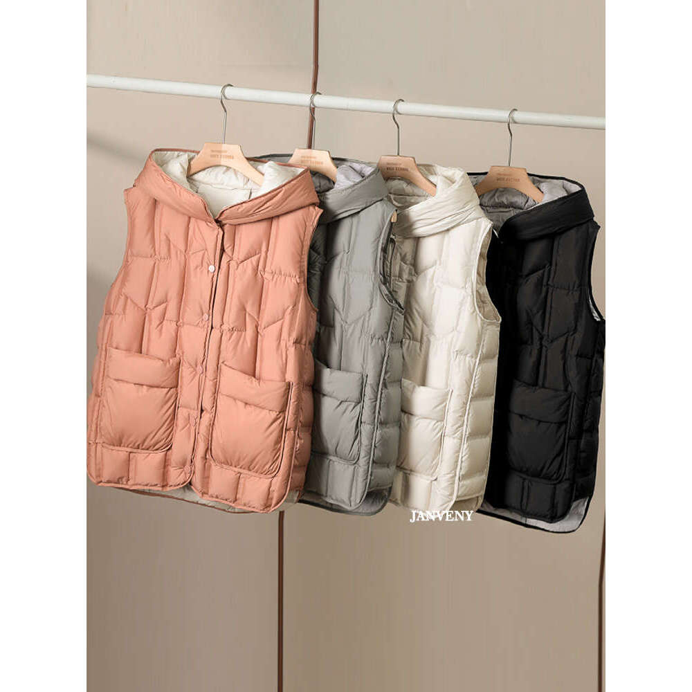 Janveny 2024 New Fashion Hooded Down Sleeveless Vest Women Lightweight Seamless White Duck Feather Puffer Short Waistcoat
