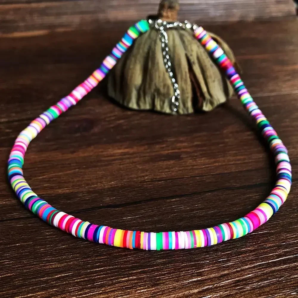 Bohemian Colored Clay Necklace Suitable for Women Bohemian Rainbow Polymer Clay Beads Adjustable Necklace Womens Jewelry 241018