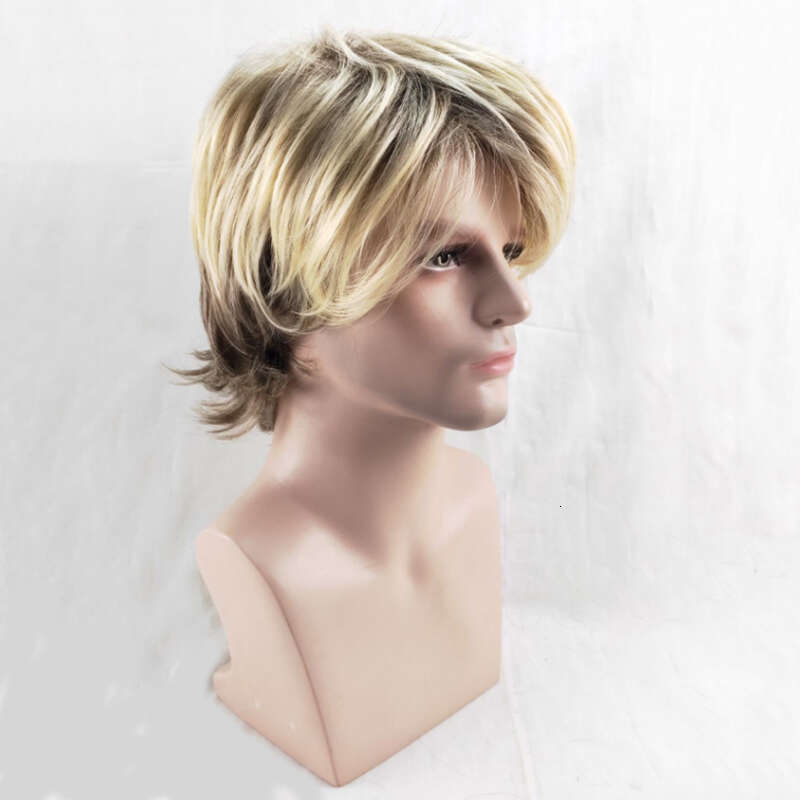 HAIRJOY Synthetic Hair Male Short Curly Wig Heat Resistant Fiber with Bangs Brown Blonde Mixed Wigs for Man