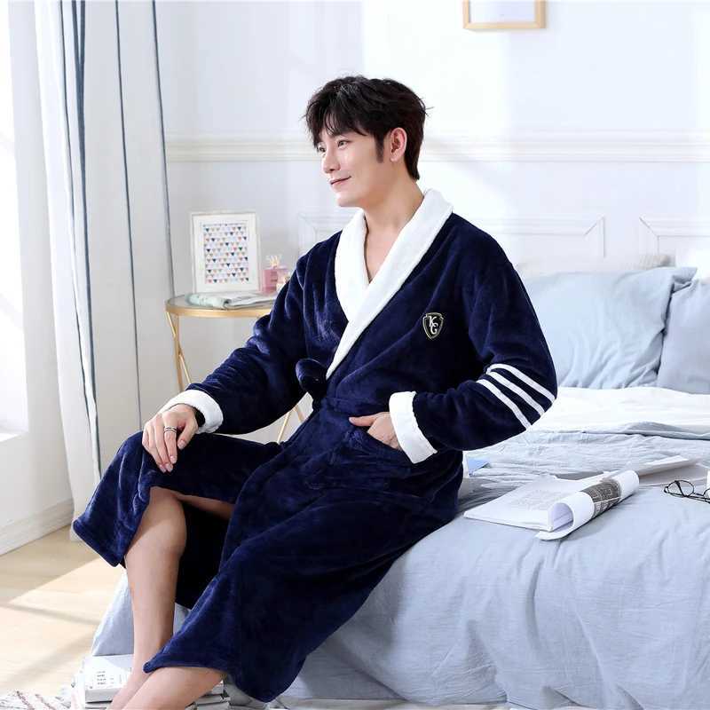 Solid Colour Intimate Lingerie Warm Full Sleeve Negligee V-neck Home Dressing Gown Male Kimono Bathrobe Gown NightwearXJ241018