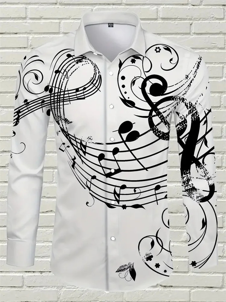 Autumn Music Note Print Fashion Mens Long Sleeve Street Fashion Single Chest Collar Shirt Vacation Casual Shirt 241007