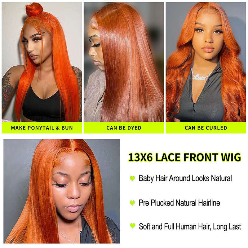 Ginger x Orange Straight Lace Frontal Wigs Colored Transparent Front Human Hair Wig For Women PrePlucked