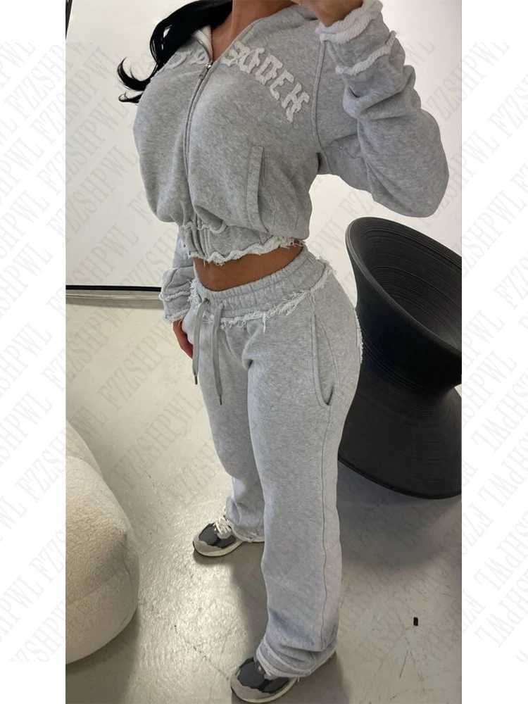 Women's Two Piece Pants Aesthetic Grey Fall Winter Outfit Punk Casual Retro Burrs Grunge Strtwear emo Girl Fairy Women Zipper Jacket Fashion Trou