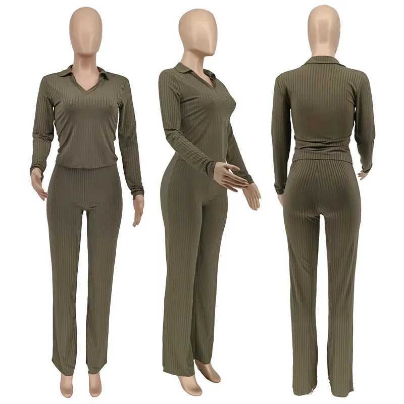 Women's Two Piece Pants Solid knit ribbed two-piece womens winter jacket warm long and wide leg pants matching set casual wear Y241019P30J