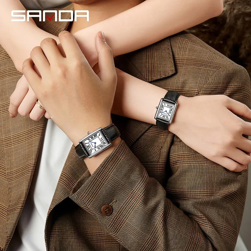 SANDA Couple Watch 30M Waterproof Casual Womens Quartz Watch Wear resistant Leather Strap Square Dial Design Reloj 241018