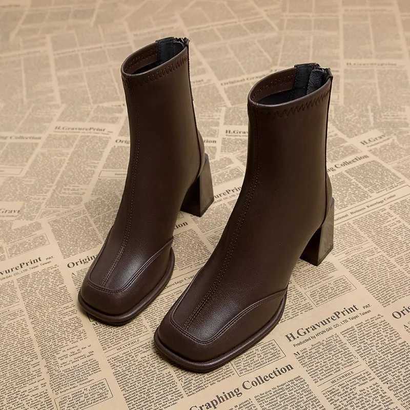 Womens high heels brown leather work clothes short womens ankle boots Pu sales Y2k autumn high-quality Y241019