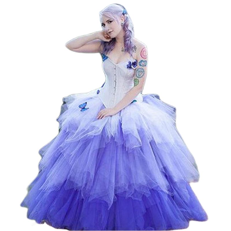 Romantic Corset Wedding Dresses Colorful Tulle Lavender Blue With White Tulle Tiered Bridal Dress Sweetheart Strapless Spring Summer Pluffy Country We