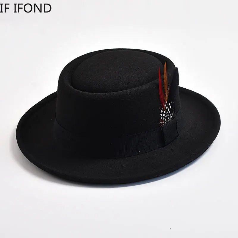 retro pork pie hat mens curly hair felt Fedora hat with feather gentleman church hat Trilby jazz hat 241018