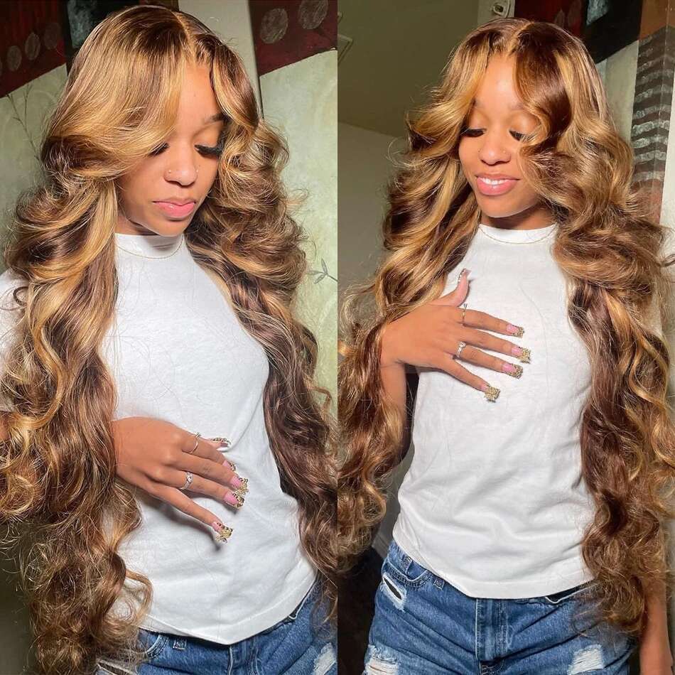 13x6 Highlight Human Hair Ombre Honey Blonde Colored 4x4 Closure Wigs For Women 34 30 Inch 13x4 Body Wave Lace Front Wig