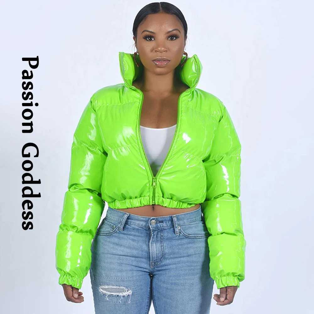 Women's Down Parkas Fashion Cool Women Bright PU Puffer Jackets Stand Collar Warm Bubble Coats Shiny Leather Parkas Down Zipper Crop Jackets Wint