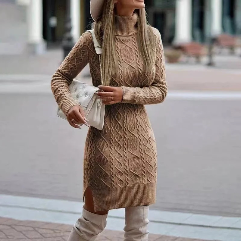 2024 Autumn/Winter Womens Knitted Wrap Hip Skirt High Neck Warm and Elegant Knitted Sweater Long Sleeve Dress 241017