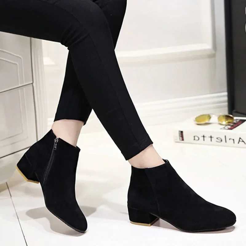 Ankle Boots Womens Autumn 2024 Short and Fat High Heels Full Match Short Botas Solid Size Zipper Womens Shoes Casual Black Botas Para Dama Y241019