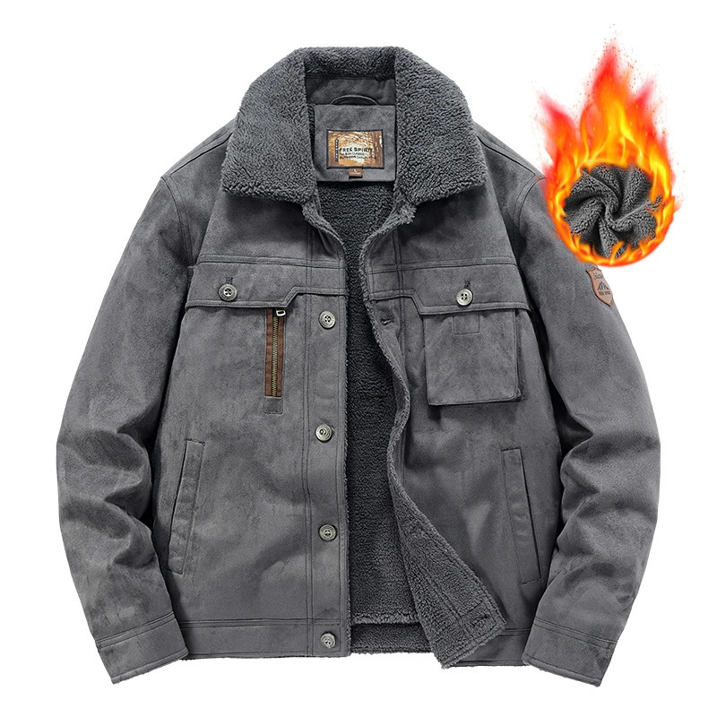 Mens warm jacket velvet thick suede jacket mens fur collar winter casual jacket mens jacket cotton clothing 241007