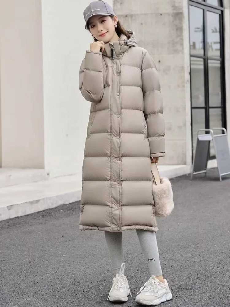 Winter Warm Coat Light Luxury 90 White Goose Down Jacket Hooded Long Section Parka Elegant Leisure Slim Fluffy Womens CoatX241019