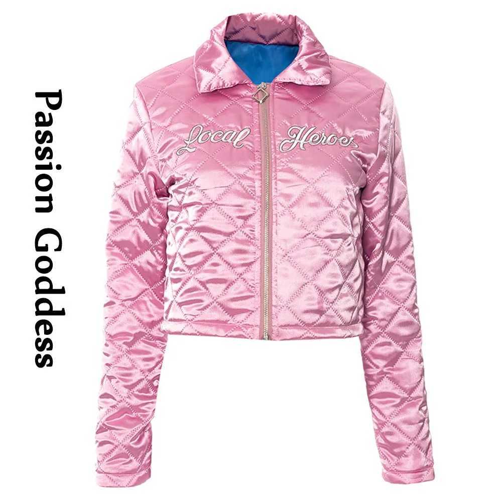 Women's Down Parkas Autumn Y2K Style Women Satin Check Jackets Letter Embroidery Turn Down Collar Outwear Coats Swt Cool Mujer Crop Jacket Y24101