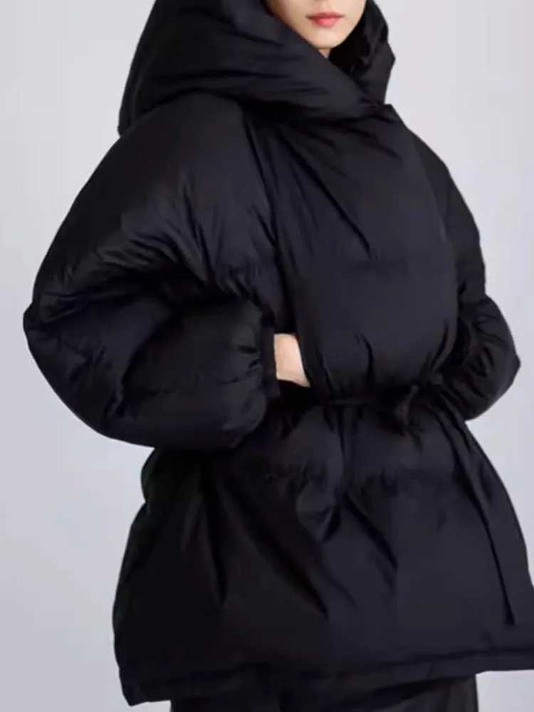 Women's Down Parkas Lanmrem high-end black winter jacket womens hooded belt gathered waist warm jacket 2024 new clothing 2AA4243 Y241019MERY