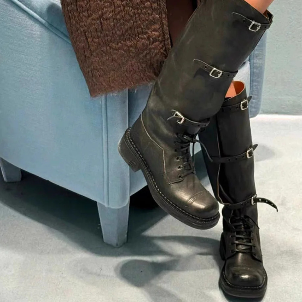 2024 Winter Punk Thick High Heel Buckle Riding Boots Cool Fashion Street Knee High Motorcycle Boots 241018