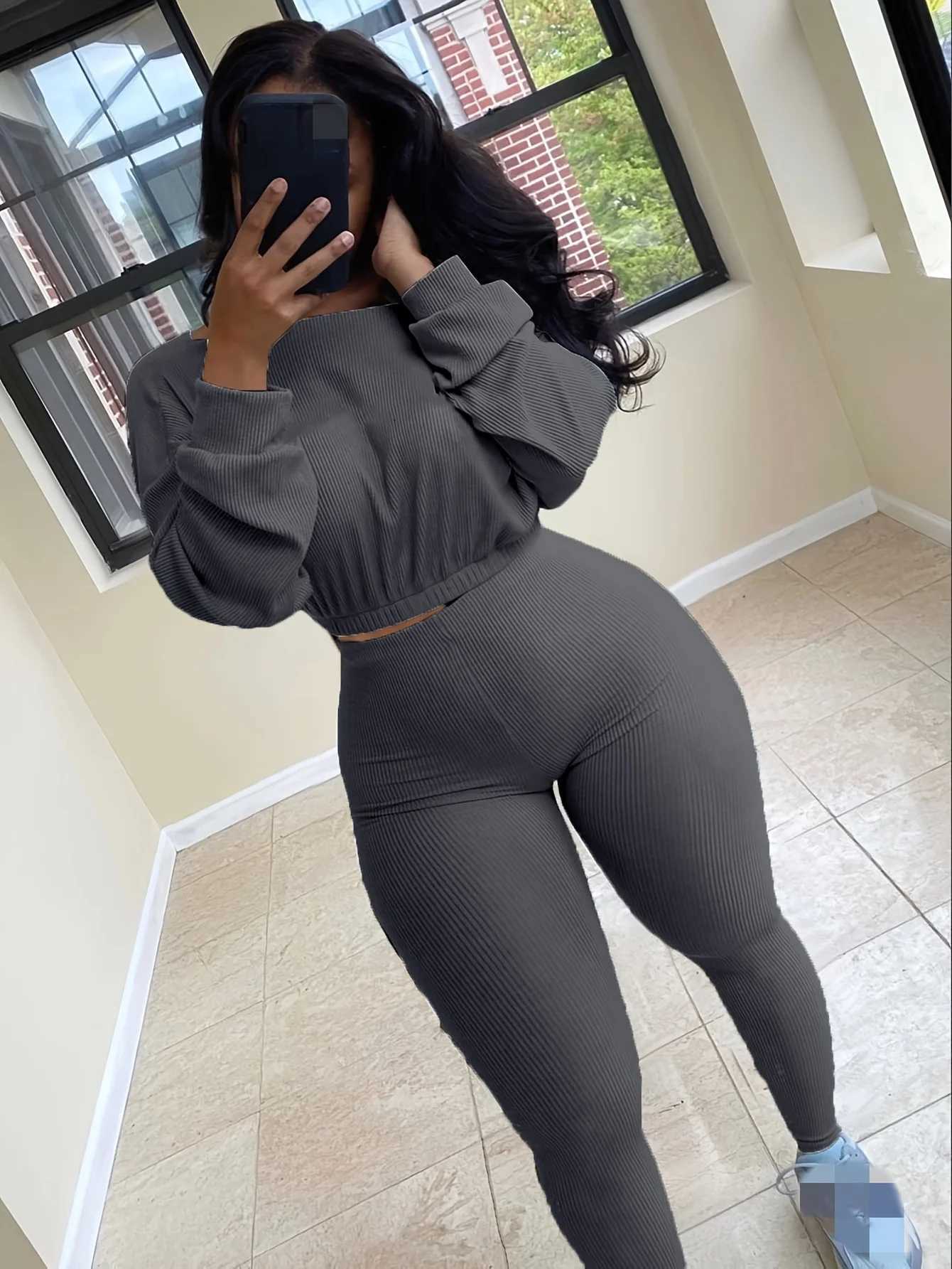 Women's Two Piece Pants Letter Embroidery Womens two-piece ribbed track suit autumn spring long slip sweatshirt and leggings set Y241019ASJP