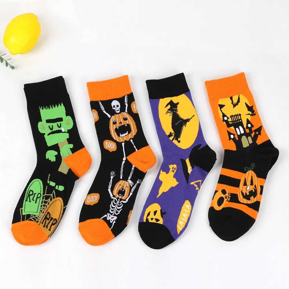 Halloween Mens Socks Large Size Cotton Funny Autumn Winter Festive Gift Socks for Male Cartoon Witch Pumpkin Tube SocksXJ241019