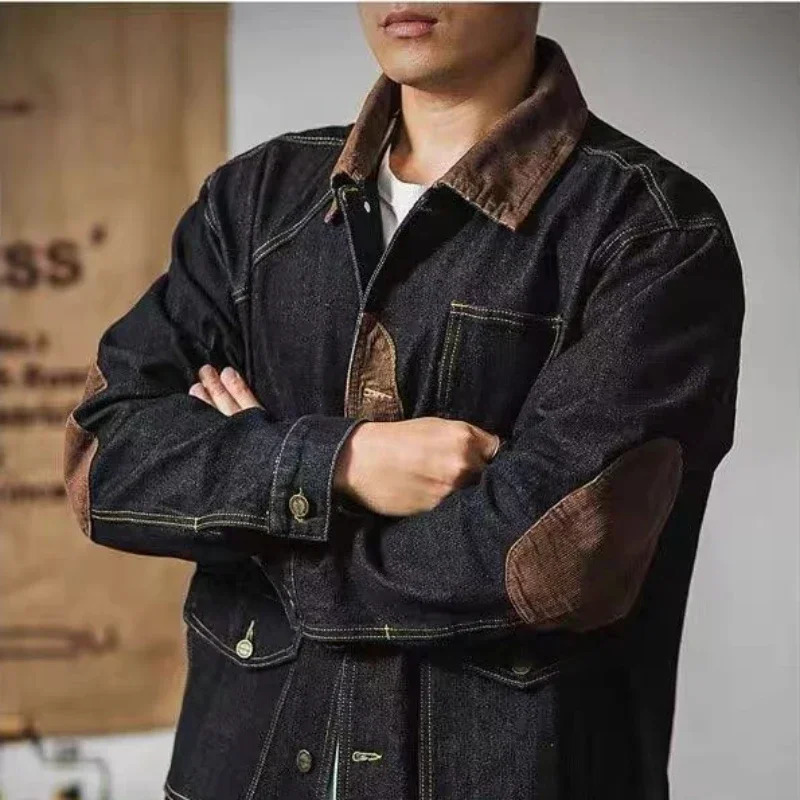 Jeans Coat for Men Vintage Black Aesthetic Denim Jackets Man Cargo Spliced Low Cost Big Size Large Outwear Korea in Lowest Price 241007