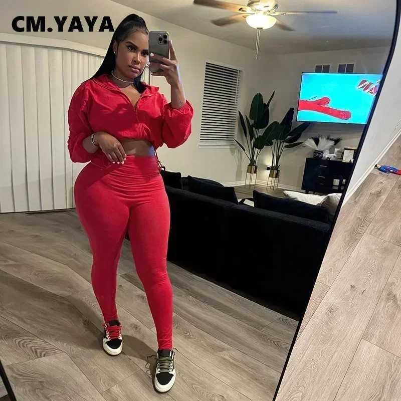 Women's Two Piece Pants CM.YAYA Womens Set Active Full Set Sleve Top+Pencil Pants Set Strt Sports Shirt Two Piece Set Track and Field Wear 2024 A