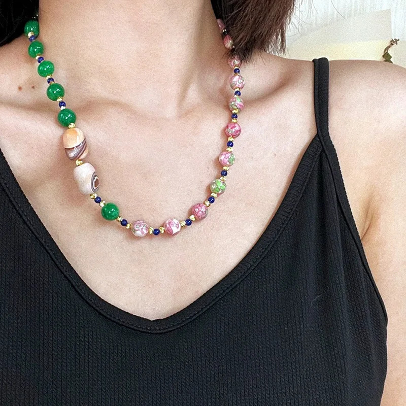 Tianqingshi Agate Road Exit Pink Ceramic Natural Stone Bead Sweater Necklace 241018